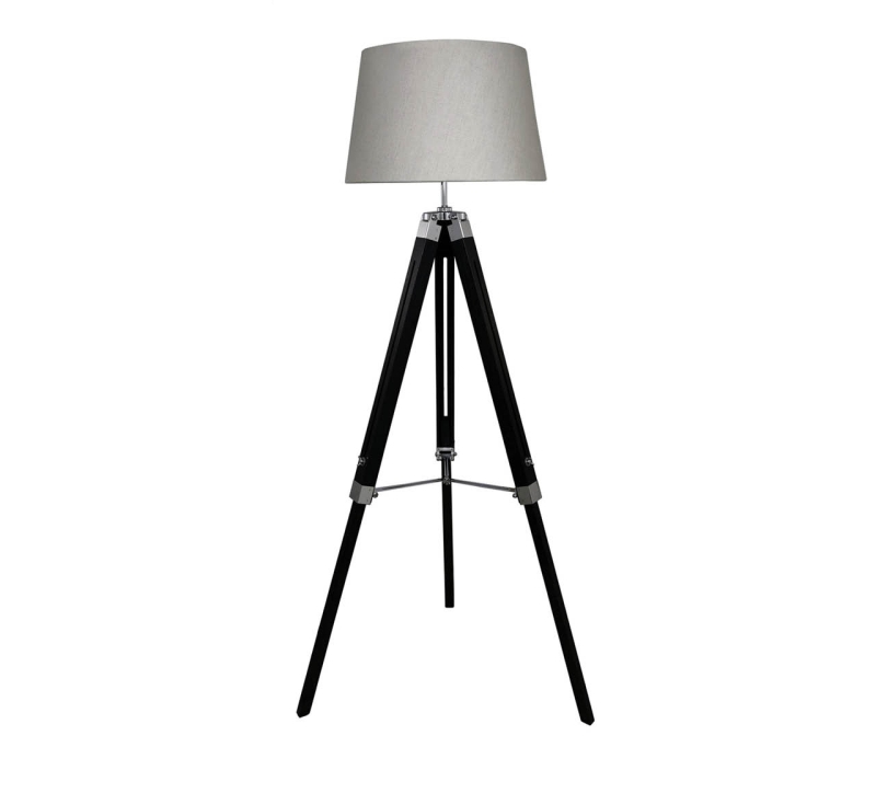 black tripod lamp with grey linen shade £129