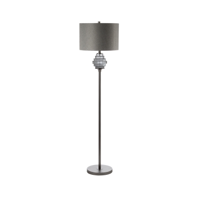 smoked glass floor lamp with grey linen shade