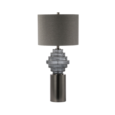 smoked glass table lamp with grey linen shade