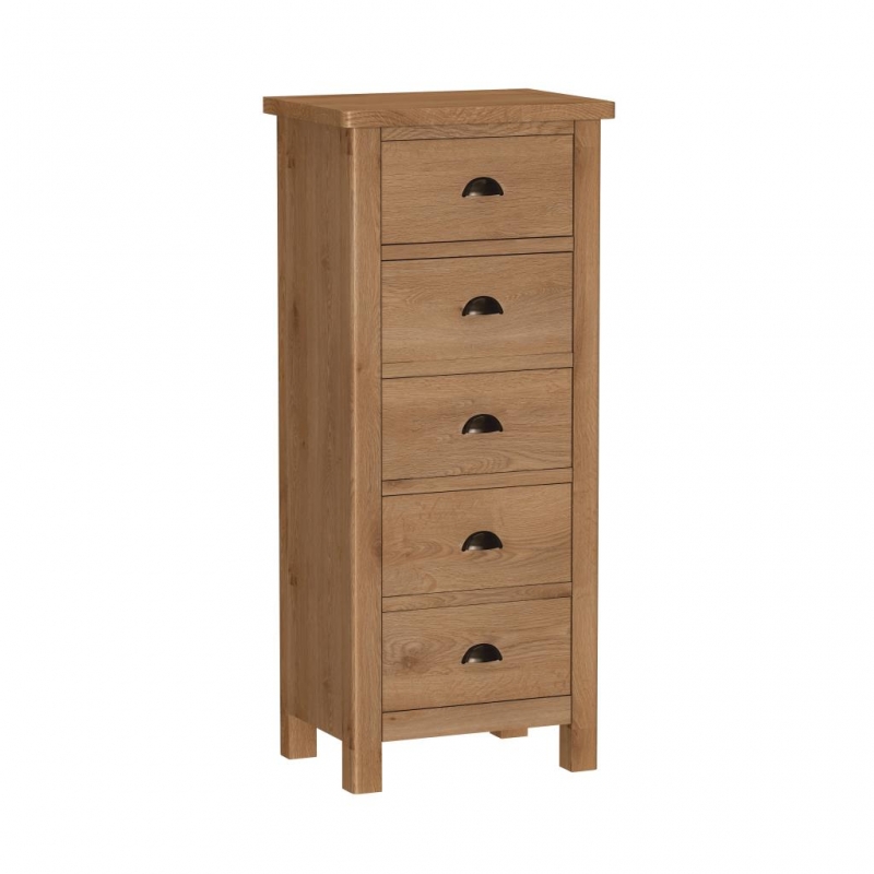 rustic oak 5 drawer narrow chest