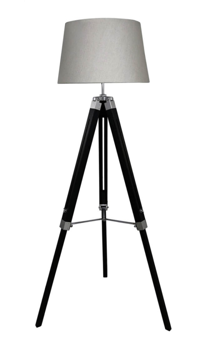 black tripod lamp with grey linen shade £129