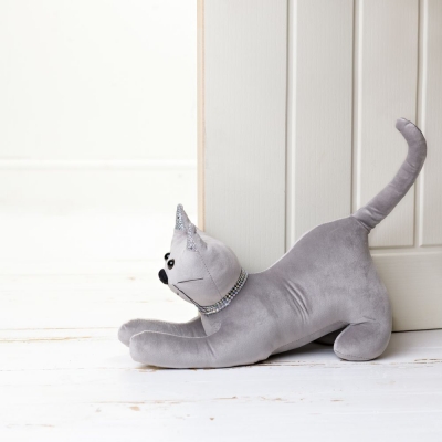 grey velvet & diamante cat doorstop 