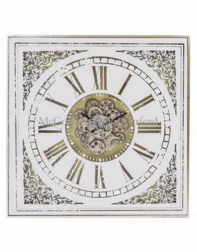 large square mirrored clock with moving cogs 